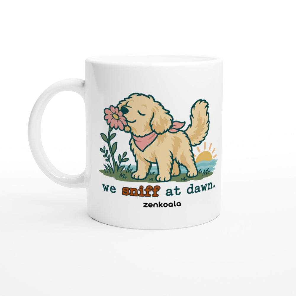 We Sniff at Dawn mug in all white, Zen Koala Australia