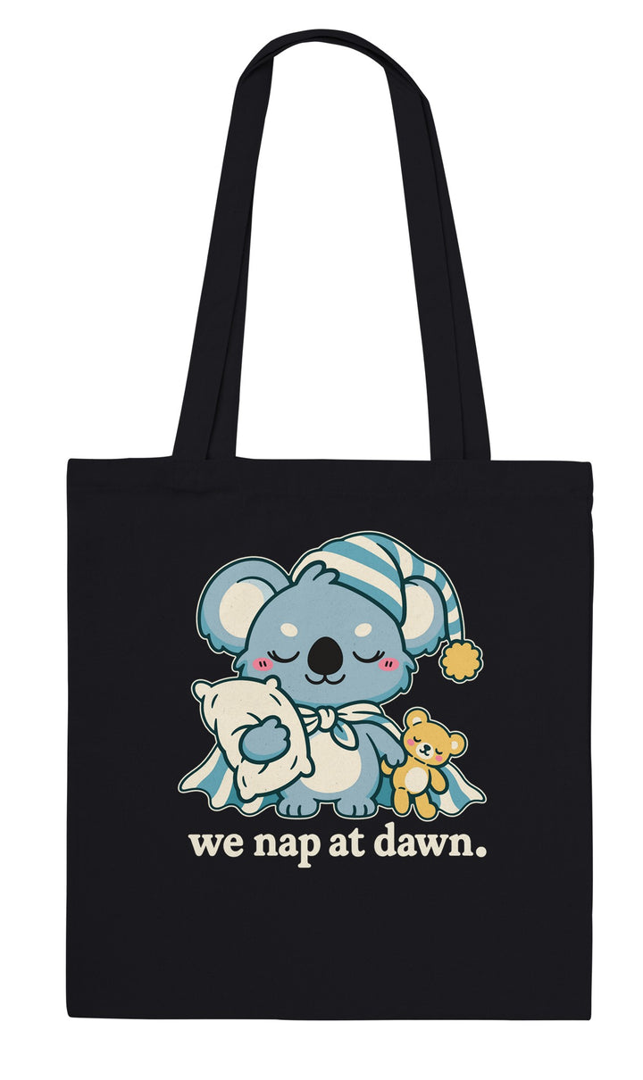 We Nap at Dawn feel-good tote bag in black, Zen Koala Australia