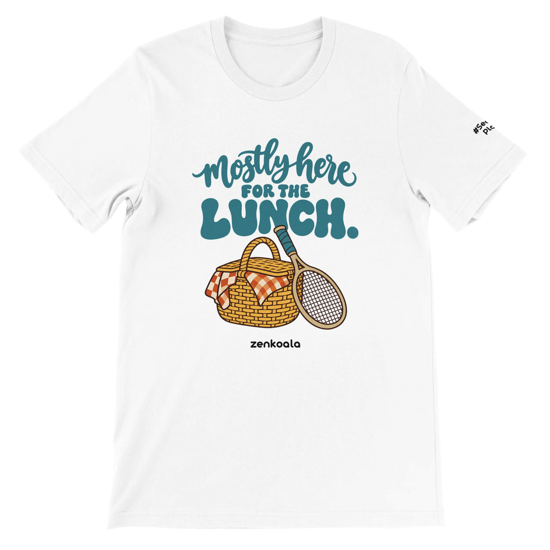 Mostly Here for the Lunch feel-good tee in white: a picnic basket and racquet, Zen Koala Australia