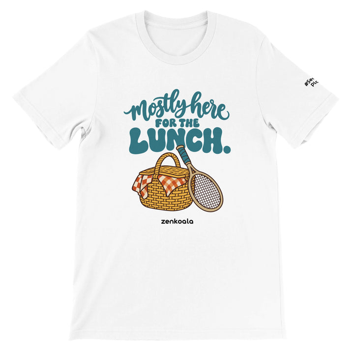 Mostly Here for the Lunch feel-good tee in white: a picnic basket and racquet, Zen Koala Australia
