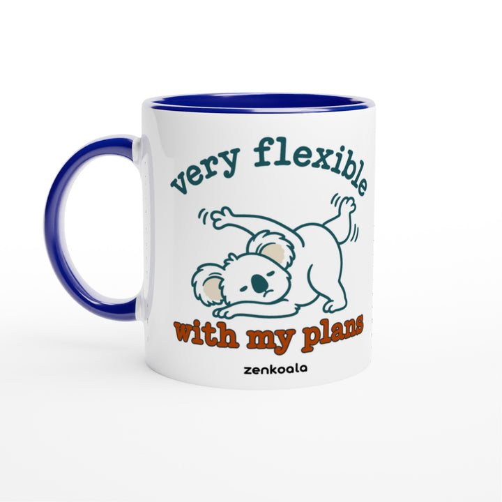 Very Flexible With My Plans mug in blue: white with a blue rim, inside and handle, Zen Koala Australia