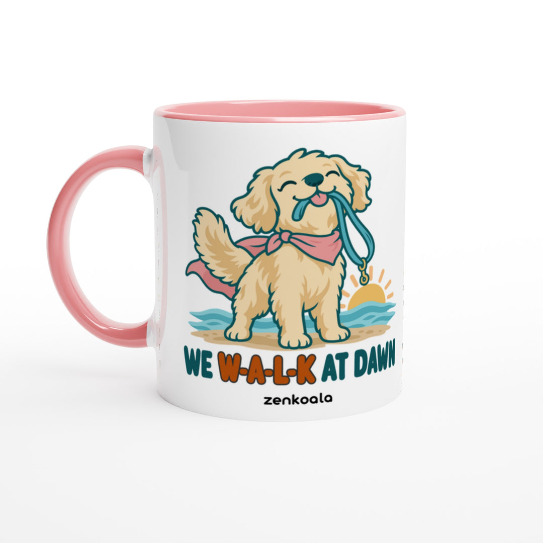 We Walk at Dawn mug in pink: white with a pink rim, inside and handle, Zen Koala Australia