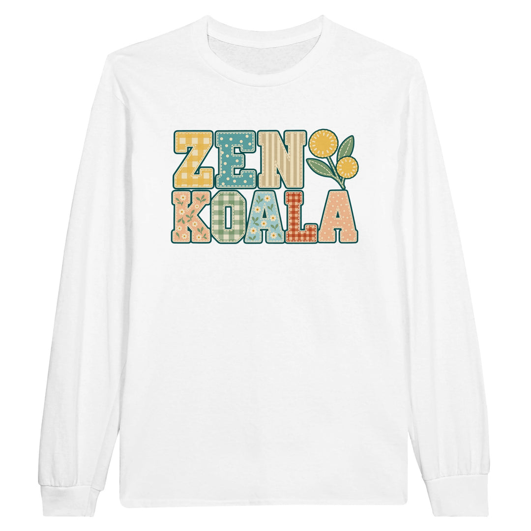Zen Koala Faux Patchwork feel-good long sleeve tee in white, Zen Koala Australia