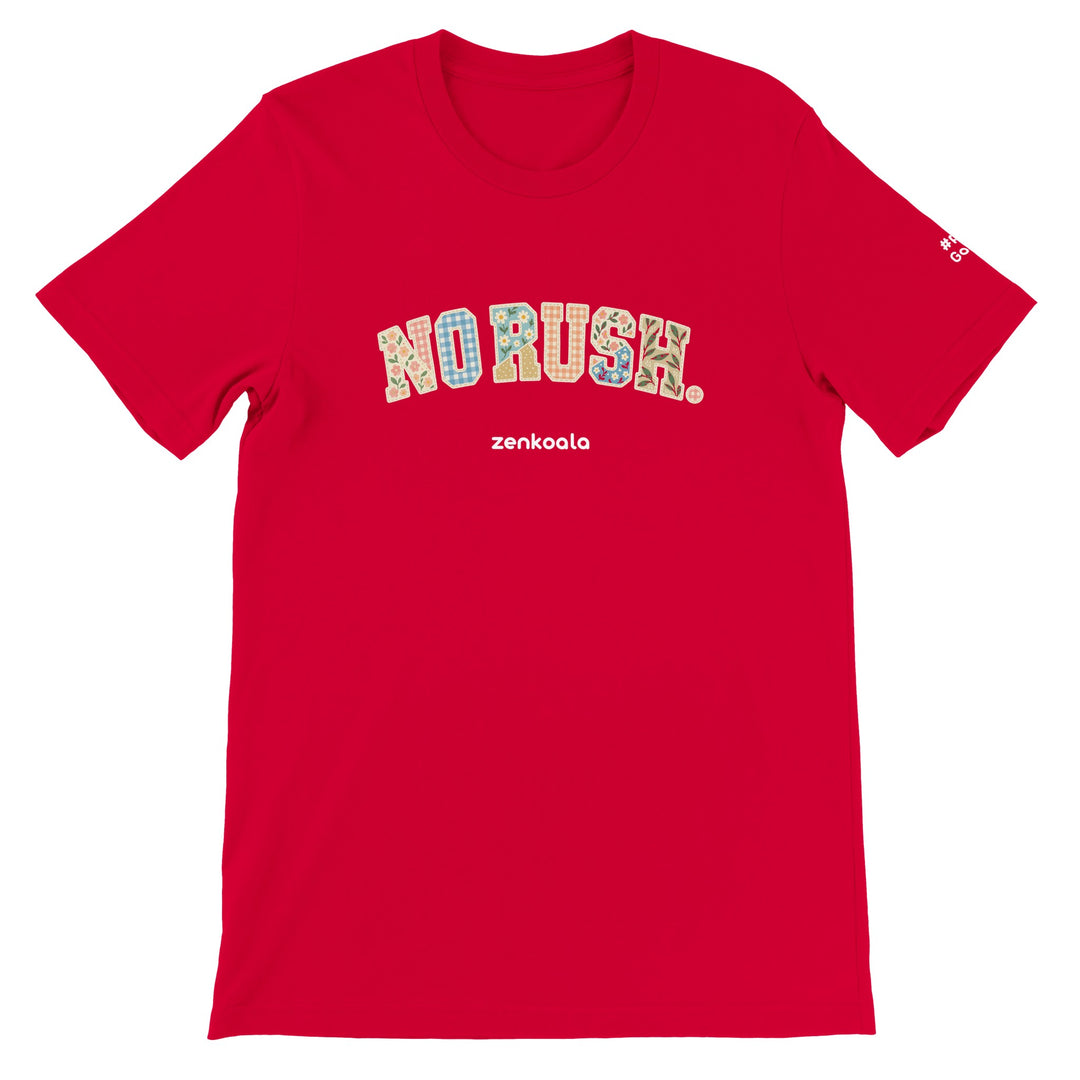 No Rush Faux Patchwork feel-good tee in red, Zen Koala Australia