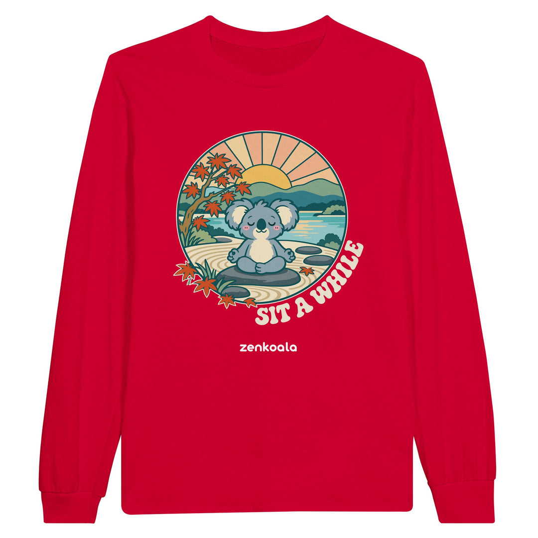 Sit a While feel-good long sleeve tee in red, Zen Koala Australia