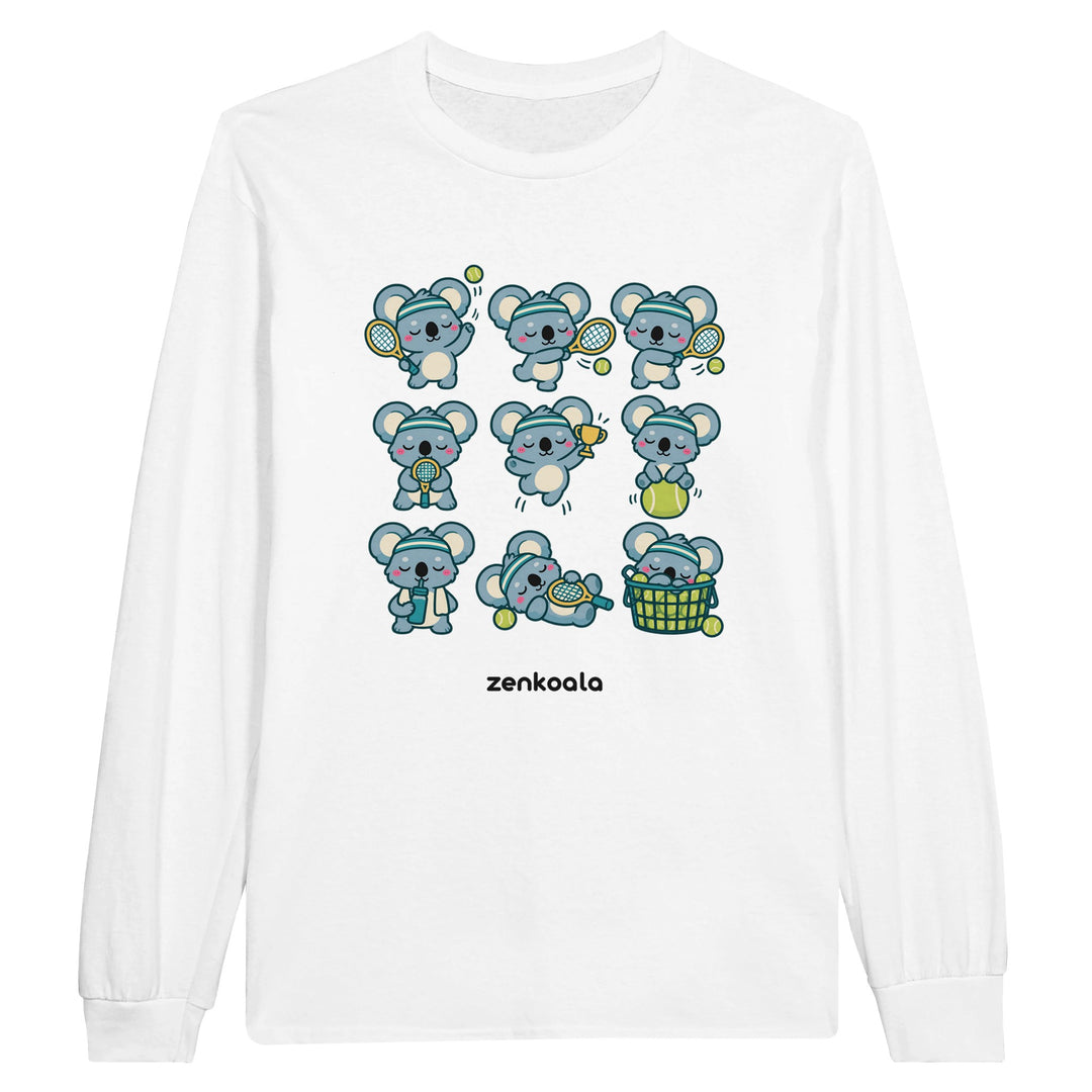 Tennis Koalas feel-good long sleeve tee in white, Zen Koala Australia