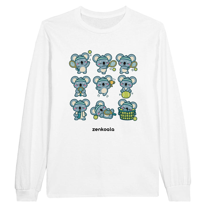 Tennis Koalas feel-good long sleeve tee in white, Zen Koala Australia