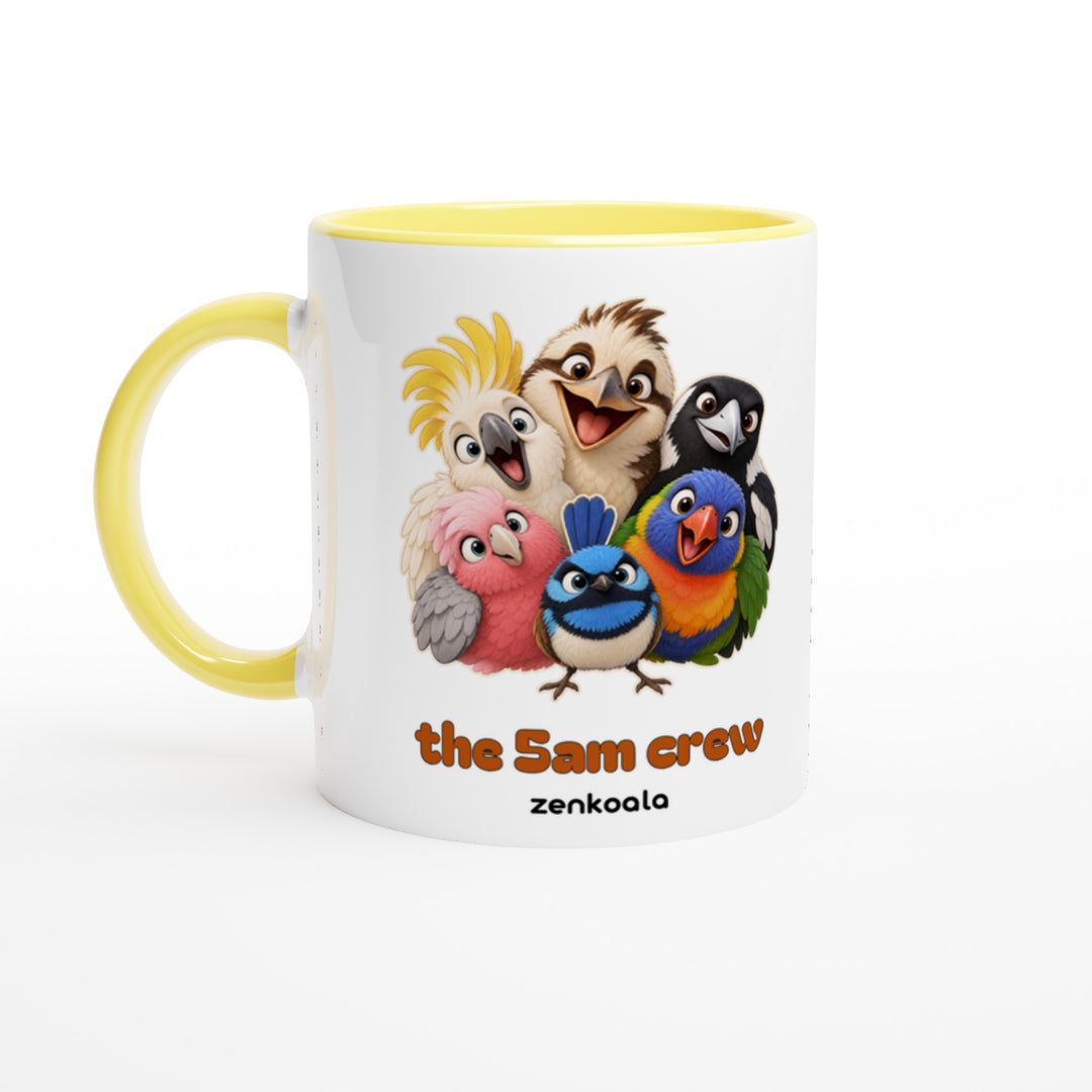The 5am Crew mug in yellow: white with a yellow rim, inside and handle, Zen Koala Australia