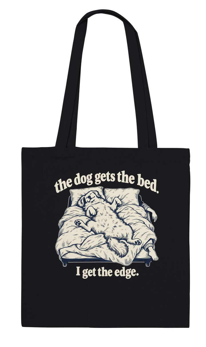 The Dog Gets the Bed feel-good tote bag in black: a dog sprawled across the whole bed, Zen Koala Australia