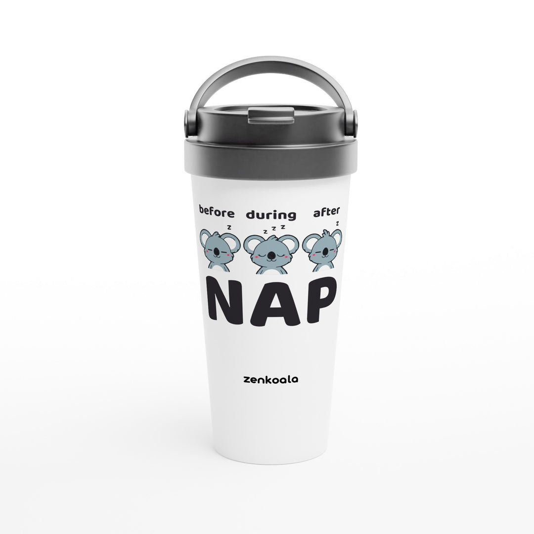 Before Nap Nap After Nap Koala feel-good travel mug: three koalas before, during and after a nap, Zen Koala Australia