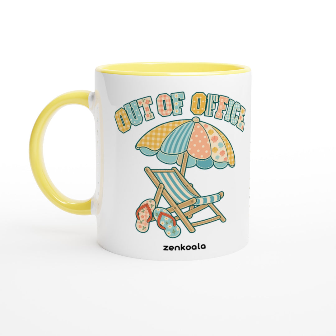 Out of Office Beach mug in yellow: white with a yellow rim, inside and handle, Zen Koala Australia