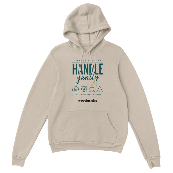 Handle Gently Care Instructions feel-good hoodie in Sand — care-label icons for rest, no wringing, no rushing, Zen Koala Australia