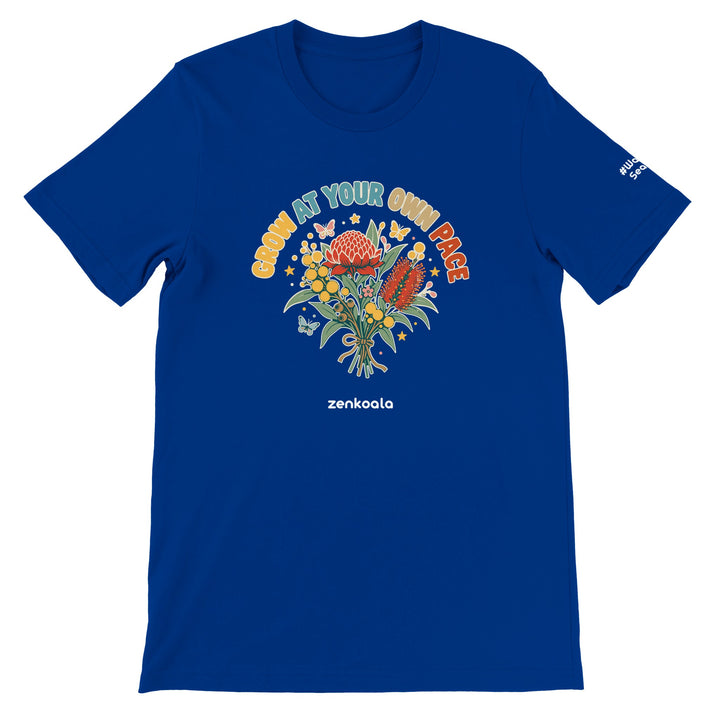 Grow at Your Own Pace feel-good tee in true royal, Zen Koala Australia