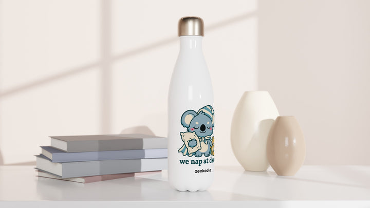 We Nap at Dawn water bottle beside books and vases, Zen Koala Australia