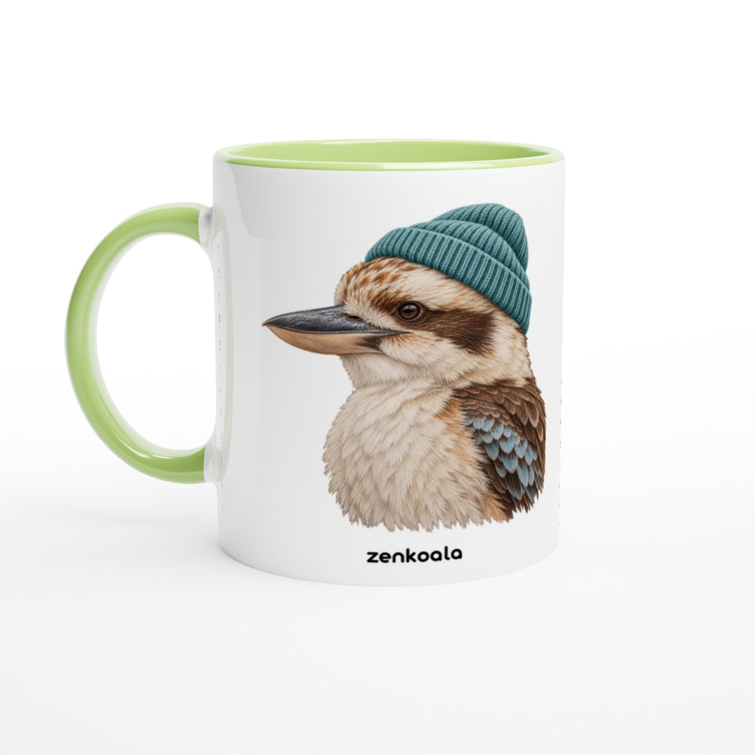 Kookaburra Beanie mug in green: white with a green rim, inside and handle, Zen Koala Australia