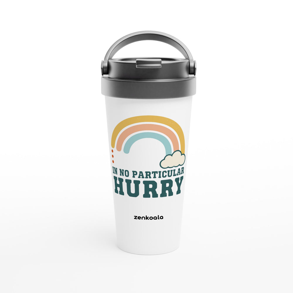 In No Particular Hurry feel-good travel mug: a soft retro rainbow and a fluffy cloud, Zen Koala Australia