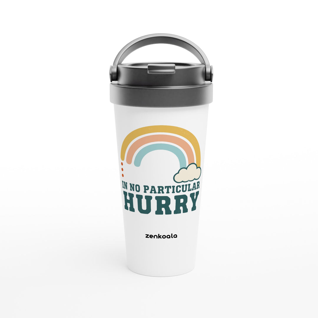 In No Particular Hurry feel-good travel mug: a soft retro rainbow and a fluffy cloud, Zen Koala Australia