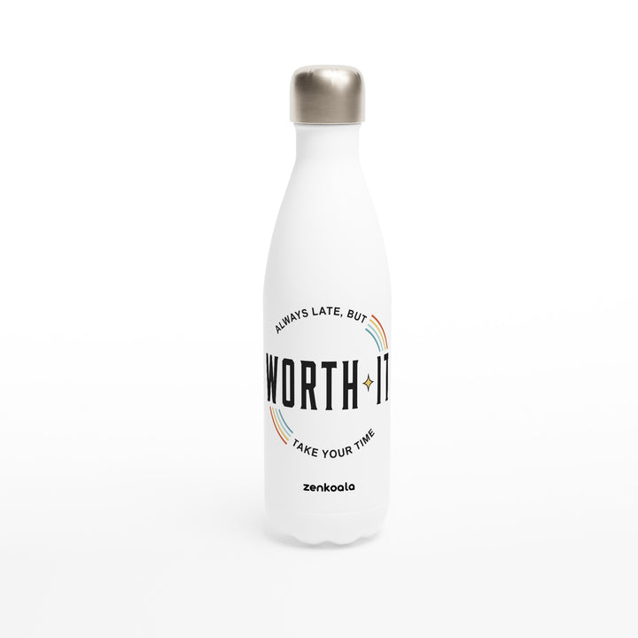 Always Late But Worth It feel-good water bottle: retro stripes and an honest promise, Zen Koala Australia
