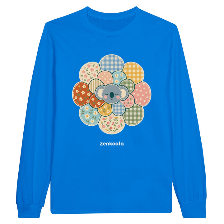 Zen Mandala Flower feel-good long sleeve tee in royal: a faux patchwork flower with a koala at its heart, Zen Koala Australia