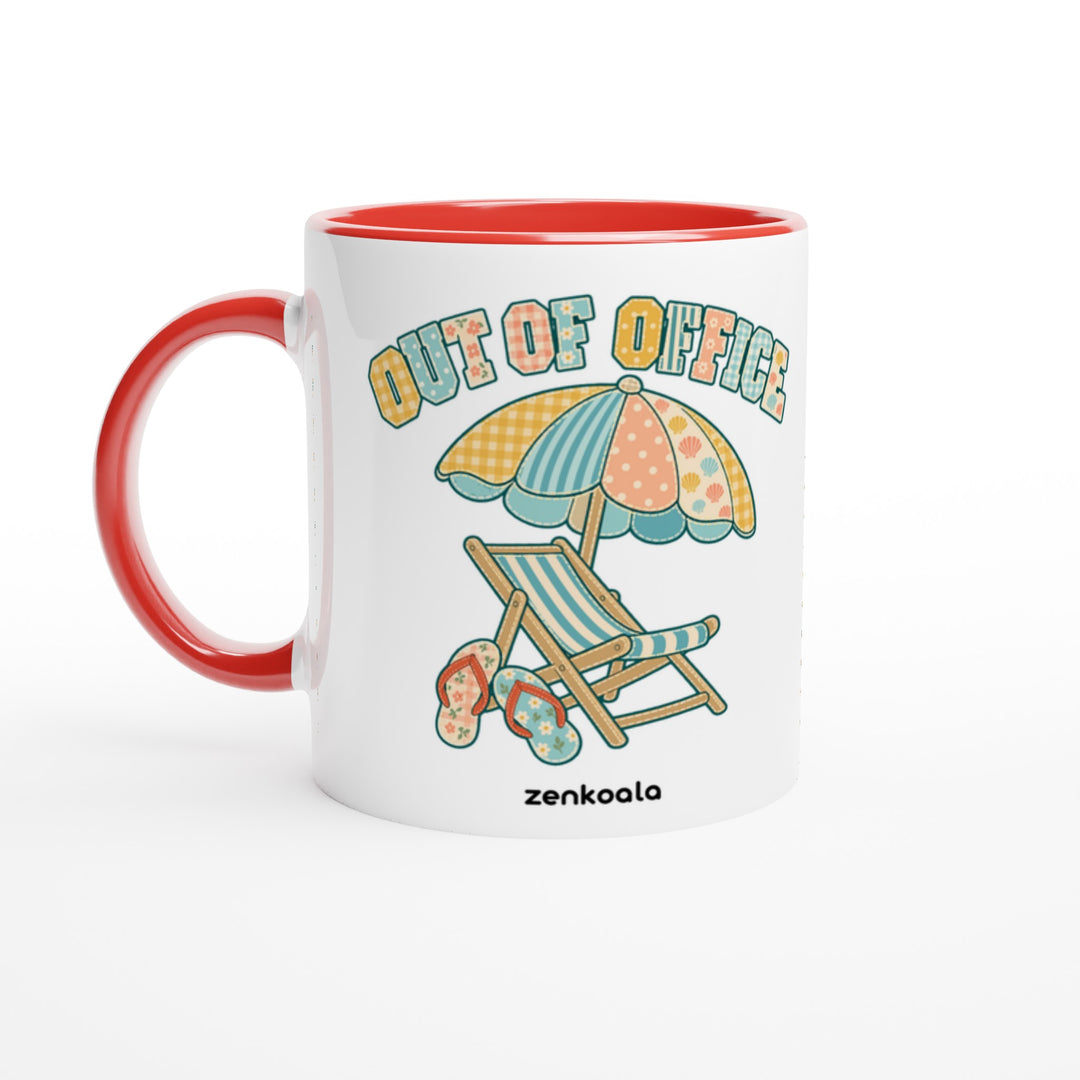 Out of Office Beach mug in red: white with a red rim, inside and handle, Zen Koala Australia