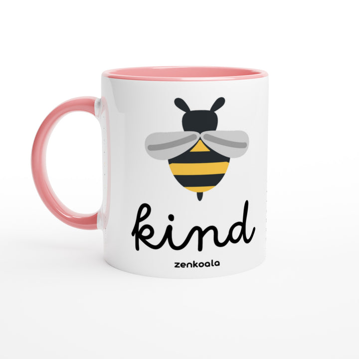 Bee Kind mug in pink: white with a pink rim, inside and handle, Zen Koala Australia