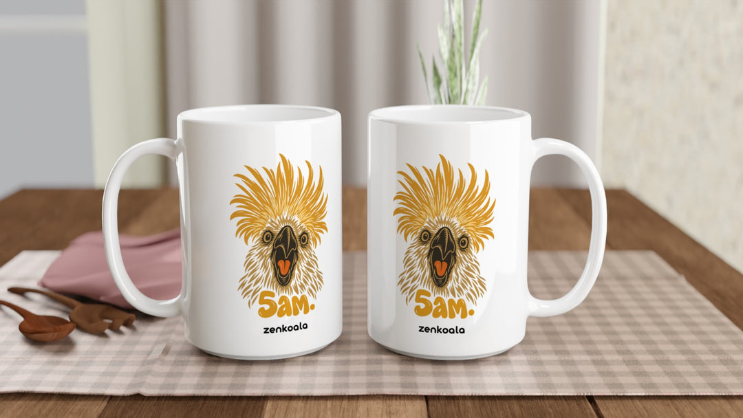 Two 5am 15oz mugs on a table, showing both sides of the design, Zen Koala Australia