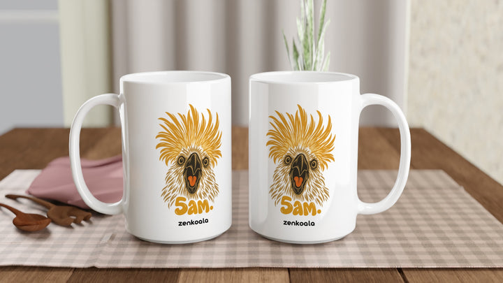 Two 5am 15oz mugs on a table, showing both sides of the design, Zen Koala Australia
