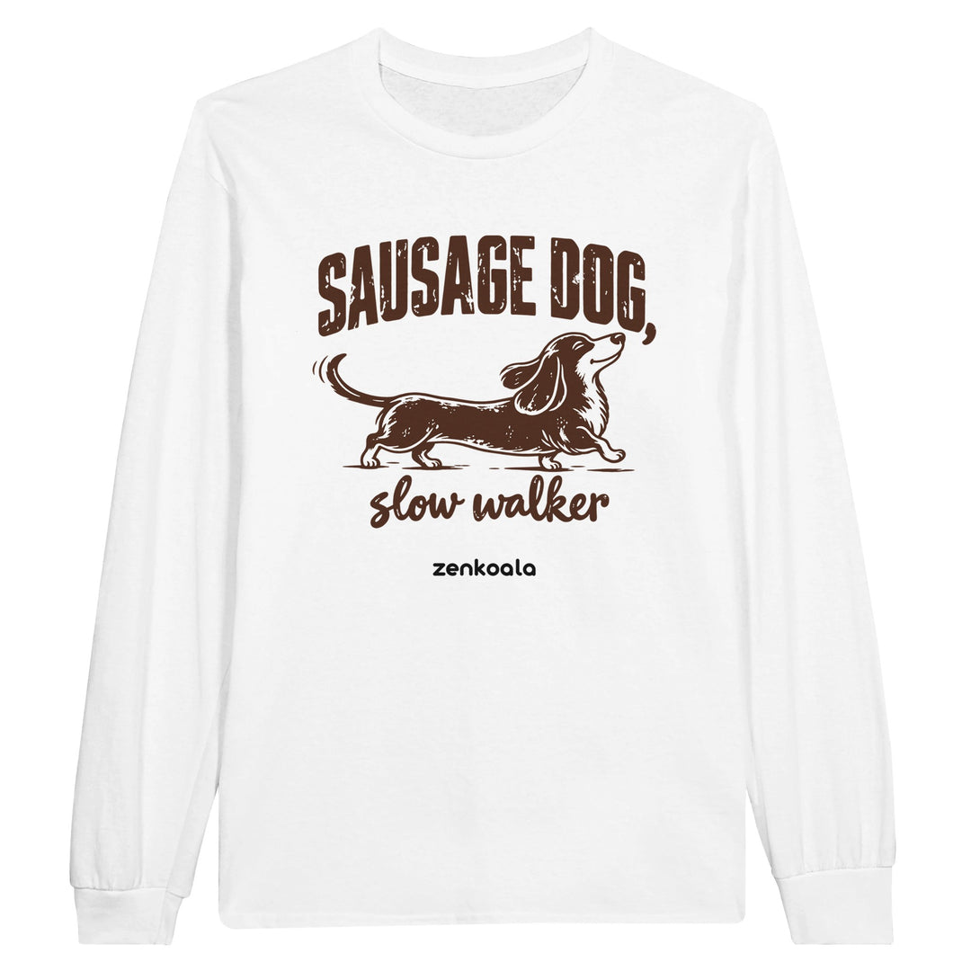 Sausage Dog Slow Walker feel-good long sleeve tee in white, Zen Koala Australia