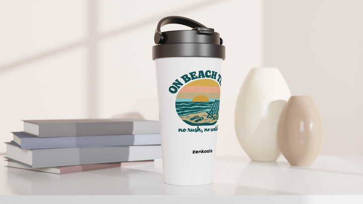On Beach Time travel mug beside books and vases, Zen Koala Australia