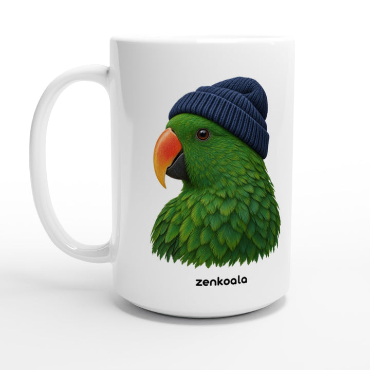Parrot Beanie feel-good 15oz mug: a green parrot in a beanie, Zen Koala Australia