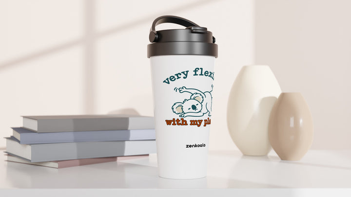 Very Flexible With My Plans travel mug beside books and vases, Zen Koala Australia