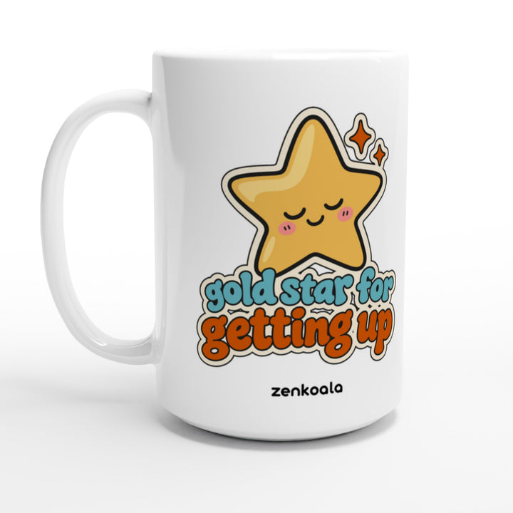 Gold Star for Getting Up feel-good 15oz mug: a sleepy gold star sticker, Zen Koala Australia