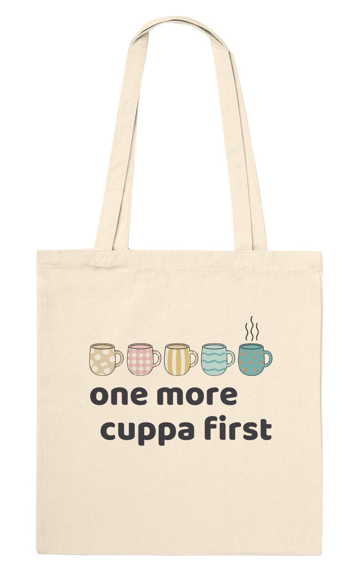 One More Cuppa First feel-good tote bag in natural: a row of patterned cuppas, one still steaming, Zen Koala Australia