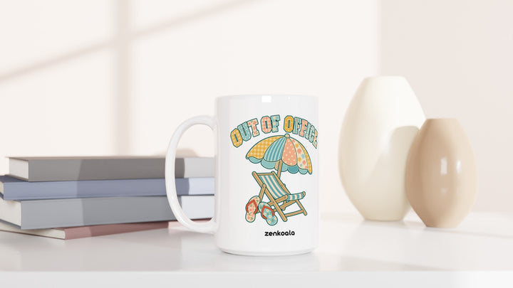 Out of Office Beach 15oz mug beside books and vases, Zen Koala Australia