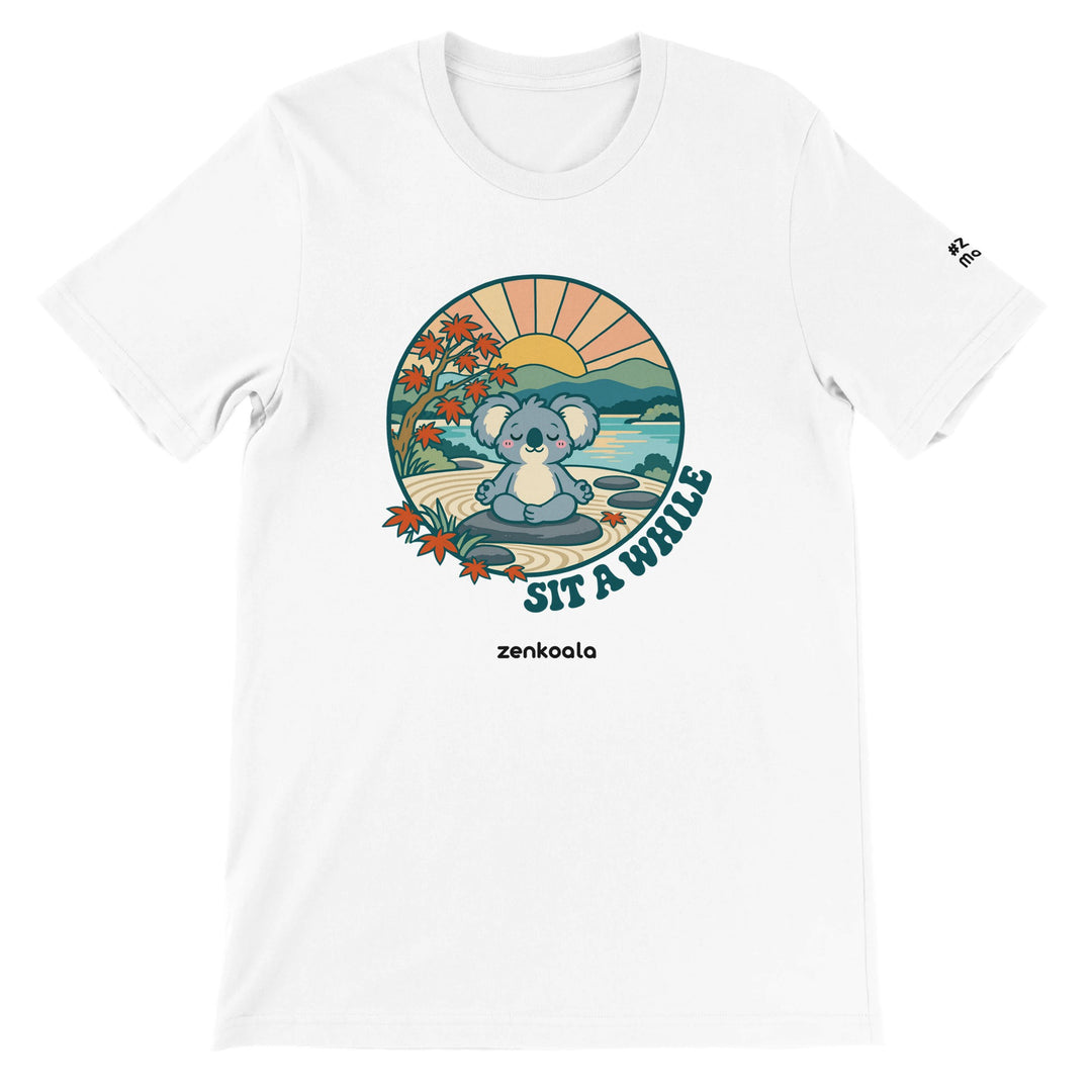 Sit a While feel-good tee in white: a koala meditating in a zen garden, Zen Koala Australia