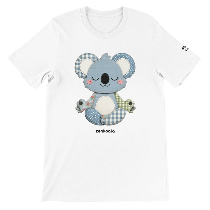 Faux Patchwork Meditating Koala feel-good tee in white: a faux patchwork meditating koala, Zen Koala Australia