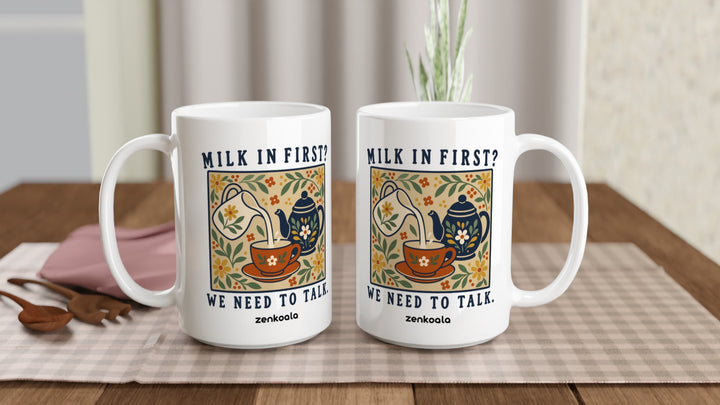 Two Milk in First 15oz mugs on a table, showing both sides of the design, Zen Koala Australia
