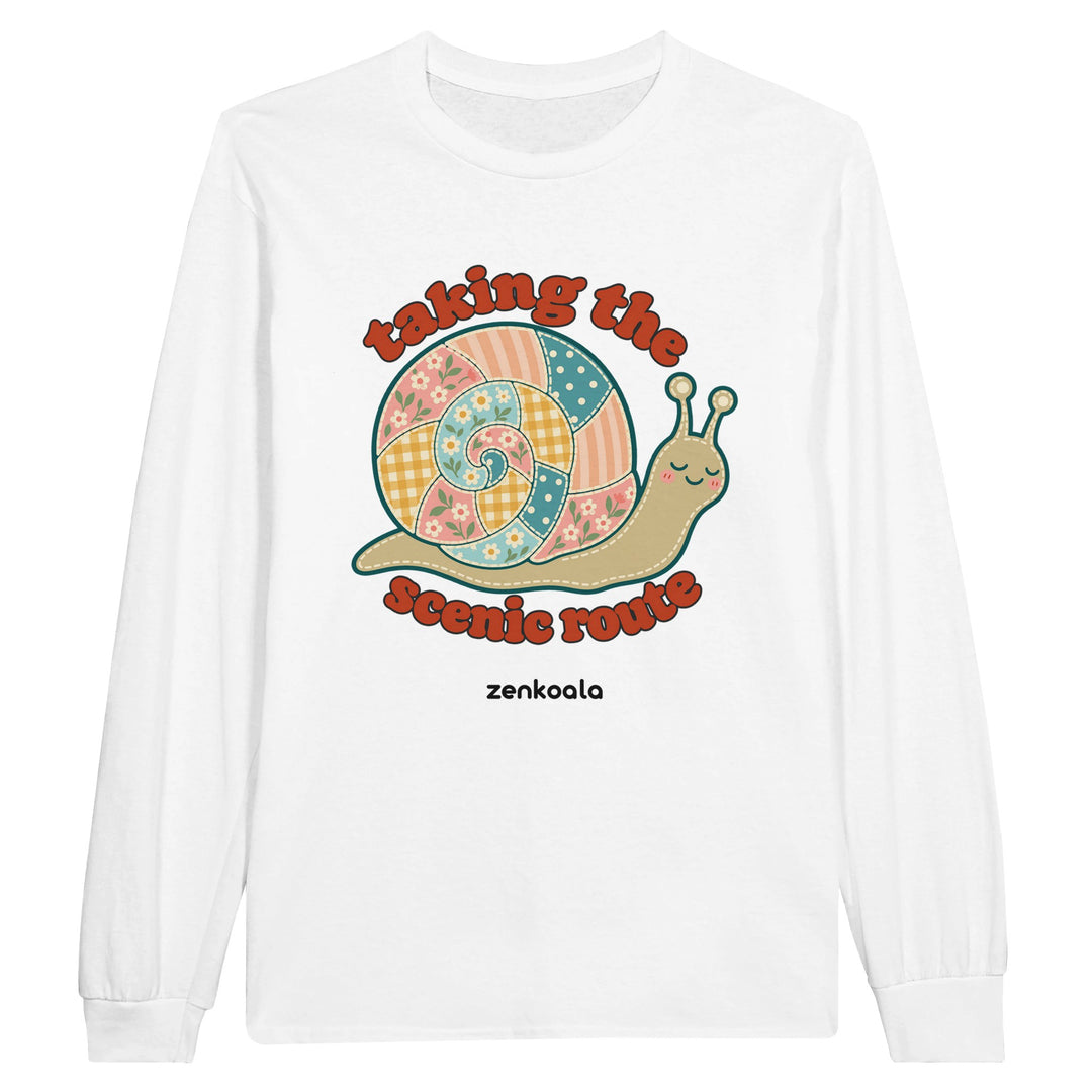 Taking the Scenic Route Snail feel-good long sleeve tee in white: a faux patchwork snail, Zen Koala Australia