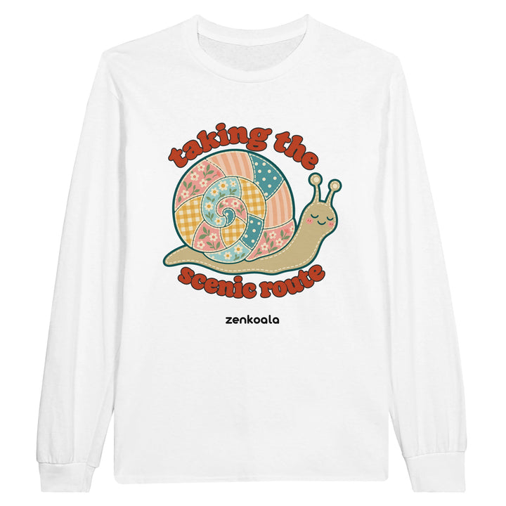 Taking the Scenic Route Snail feel-good long sleeve tee in white: a faux patchwork snail, Zen Koala Australia