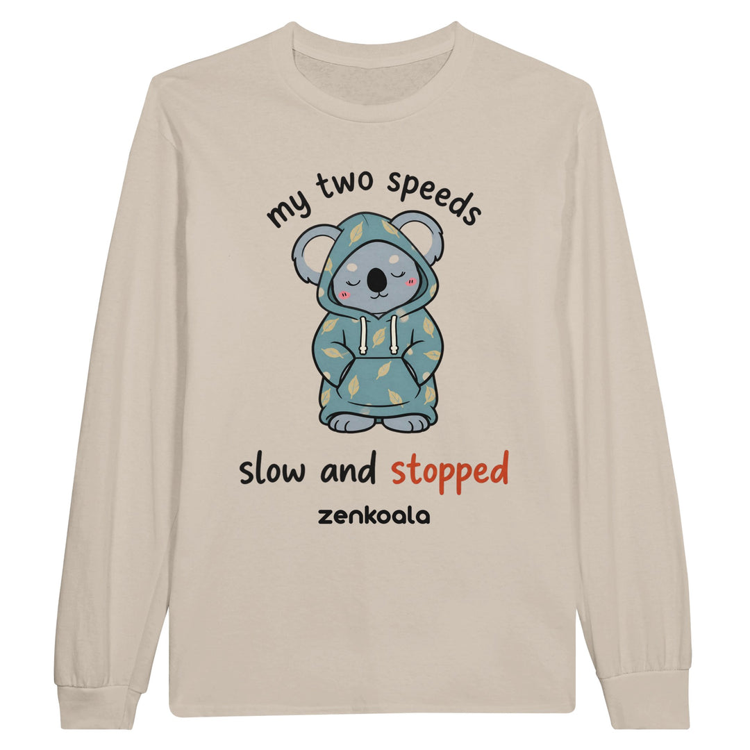 My Two Speeds Slow and Stopped long sleeve tee in sand — a sleepy koala in a cosy leaf-print hoodie, Zen Koala Australia