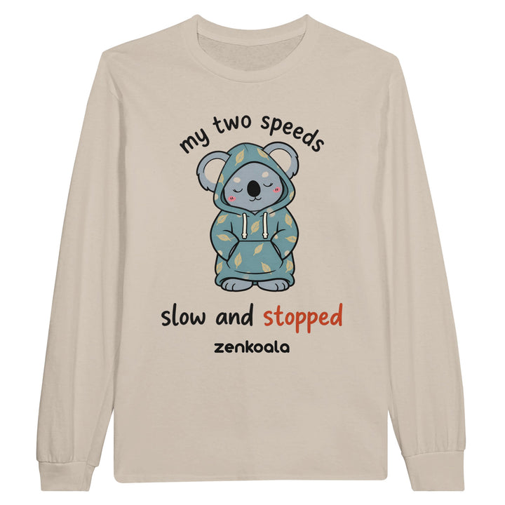 My Two Speeds Slow and Stopped long sleeve tee in sand — a sleepy koala in a cosy leaf-print hoodie, Zen Koala Australia