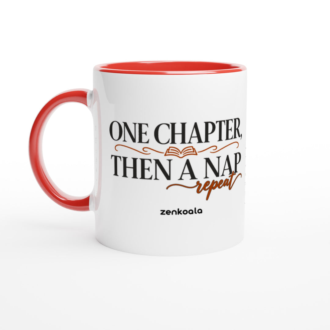 One Chapter Then a Nap mug in red: white with a red rim, inside and handle, Zen Koala Australia