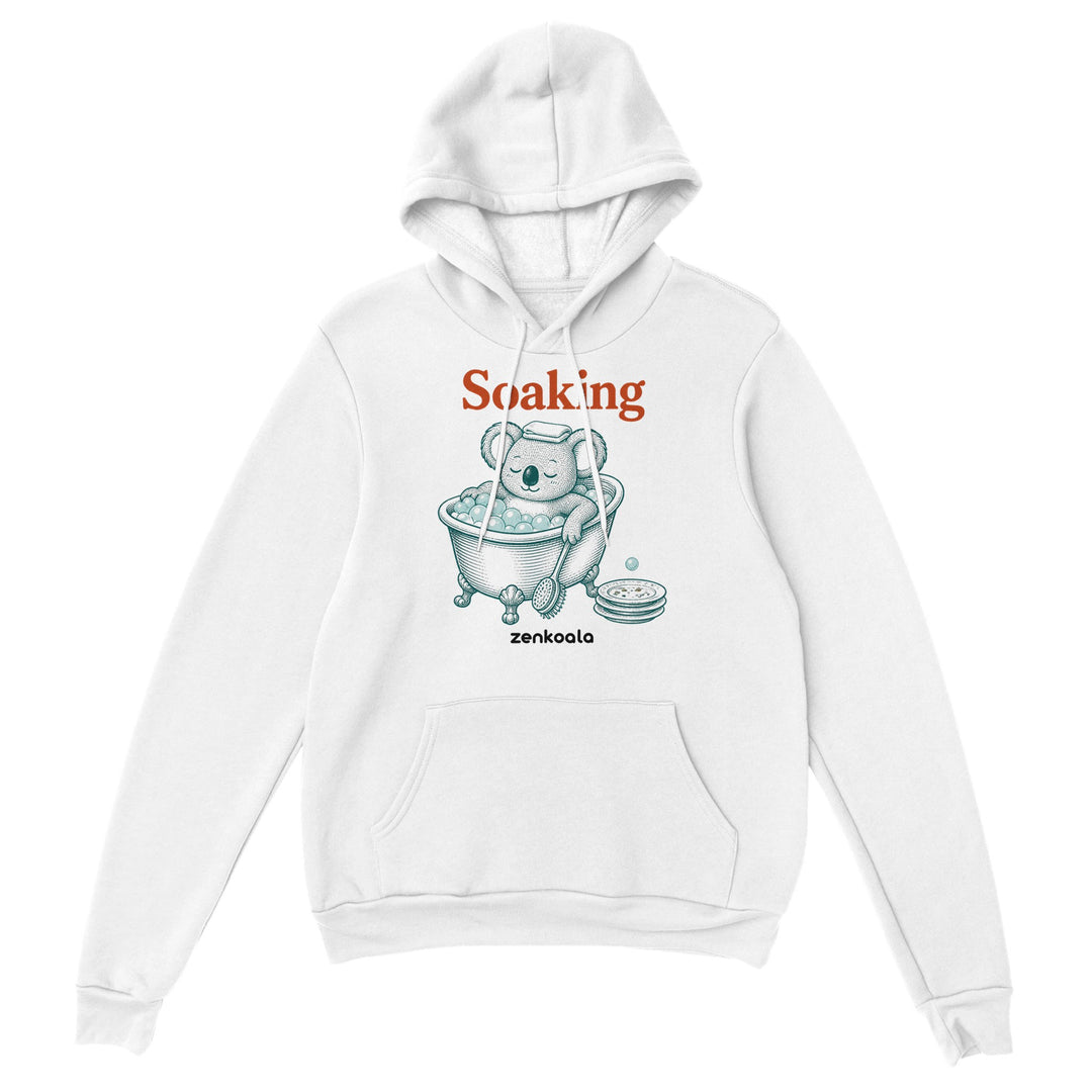 Soaking Koala Bath feel-good hoodie in white, Zen Koala Australia