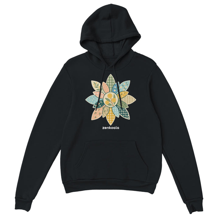 Wattle Mandala feel-good hoodie in black, Zen Koala Australia