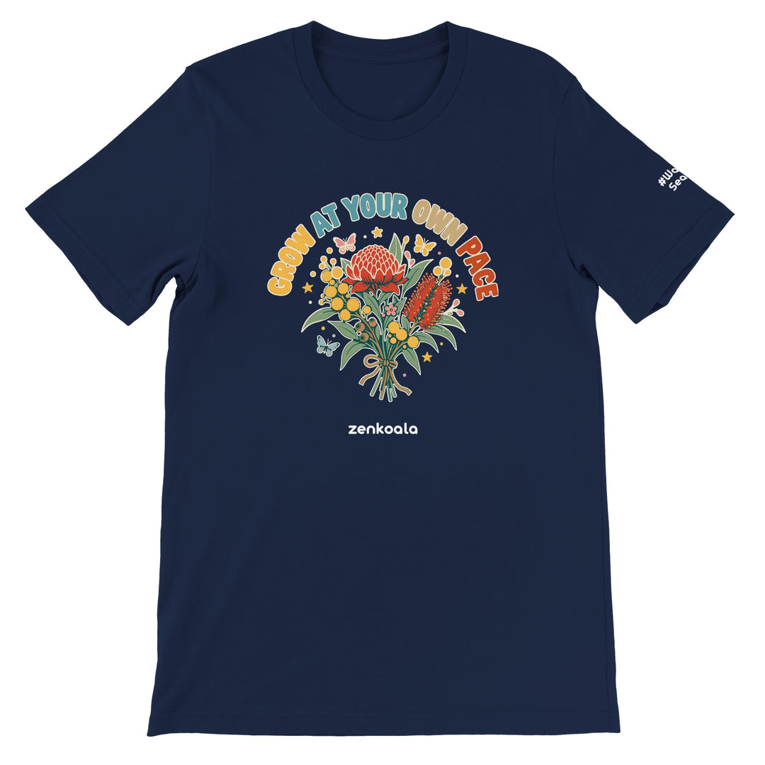 Grow at Your Own Pace feel-good tee in navy, Zen Koala Australia