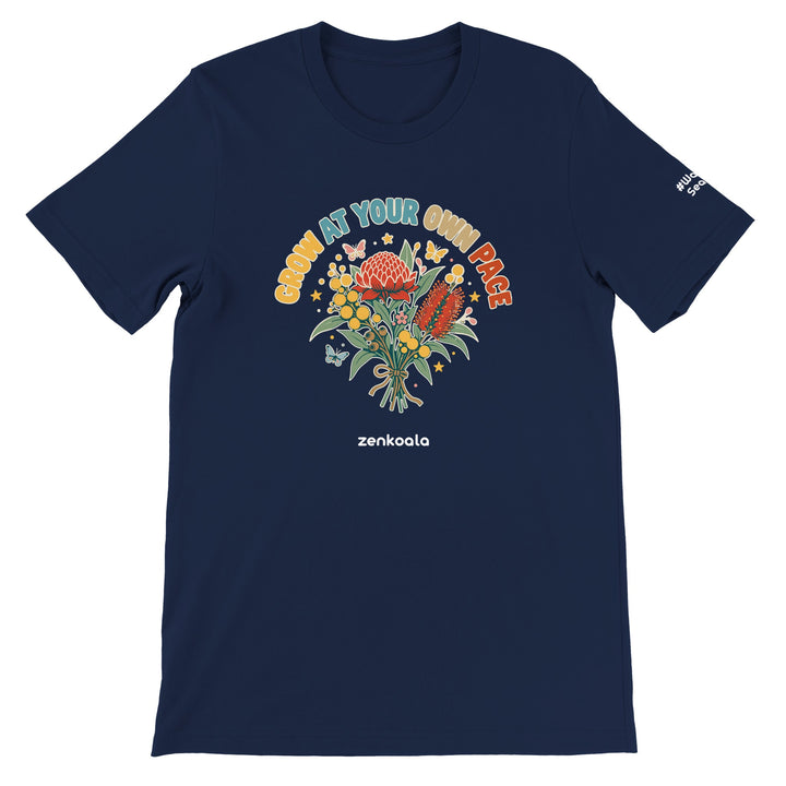 Grow at Your Own Pace feel-good tee in navy, Zen Koala Australia