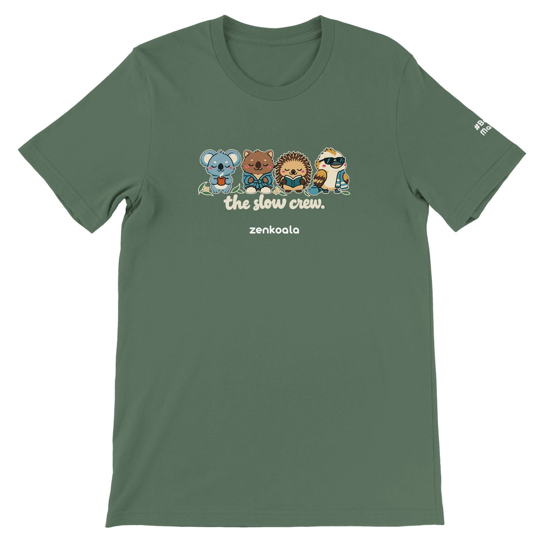 The Slow Crew feel-good tee in military green, Zen Koala Australia