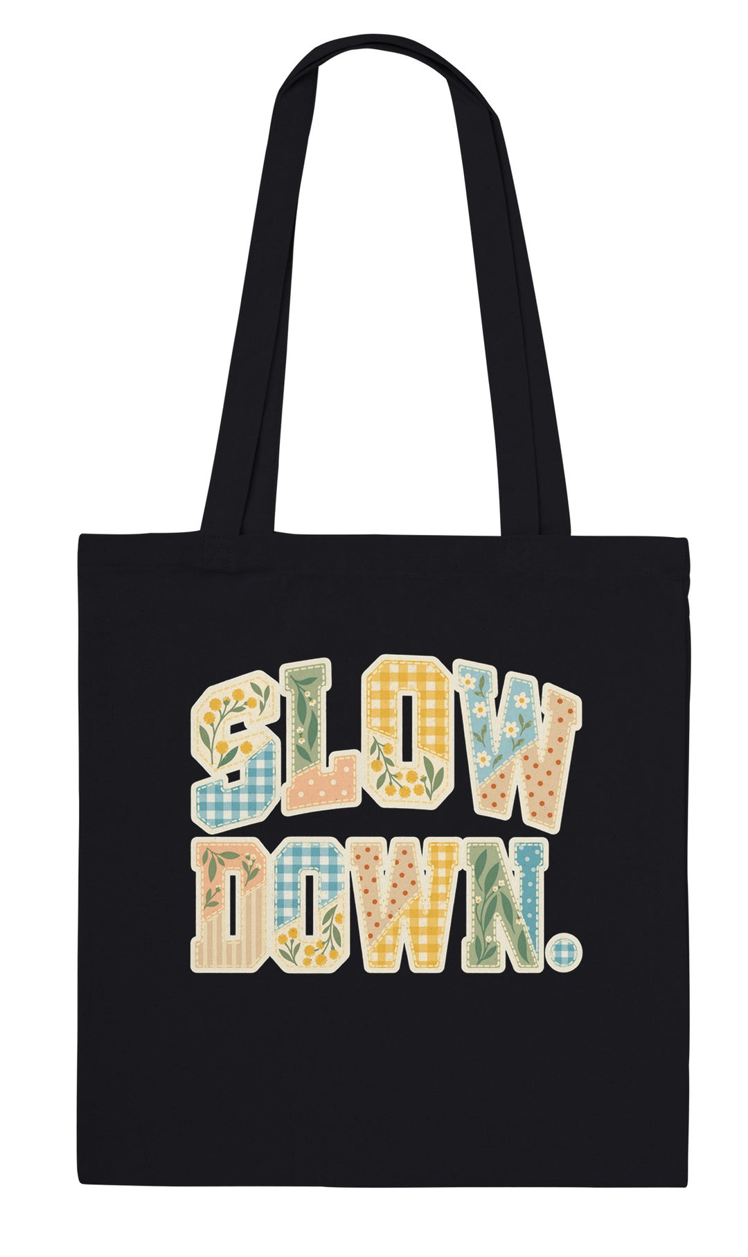 Slow Down Faux Patchwork feel-good tote bag in black, Zen Koala Australia