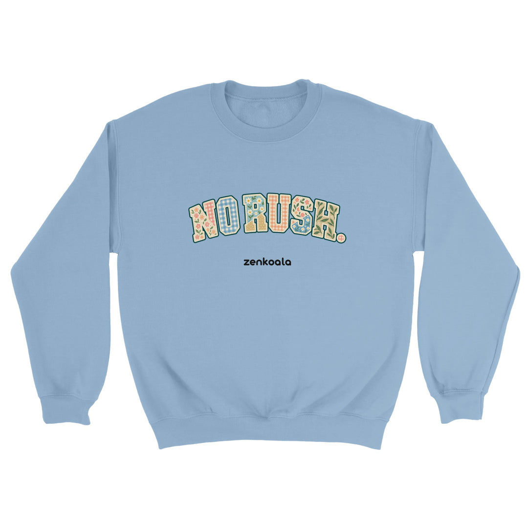 No Rush Faux Patchwork feel-good sweatshirt in light blue, Zen Koala Australia