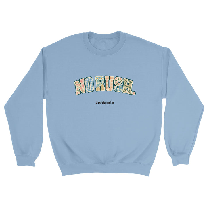 No Rush Faux Patchwork feel-good sweatshirt in light blue, Zen Koala Australia